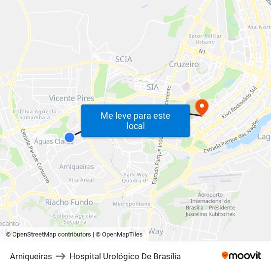 Arniqueiras to Hospital Urológico De Brasília map