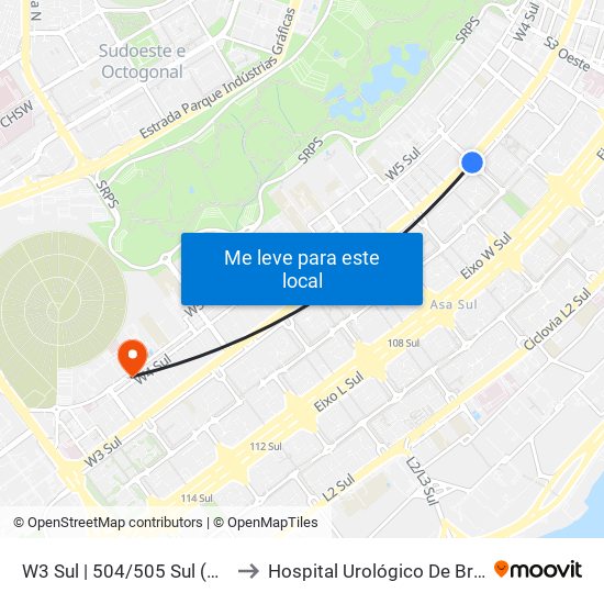 W3 Sul | 504/505 Sul (SESC) to Hospital Urológico De Brasília map