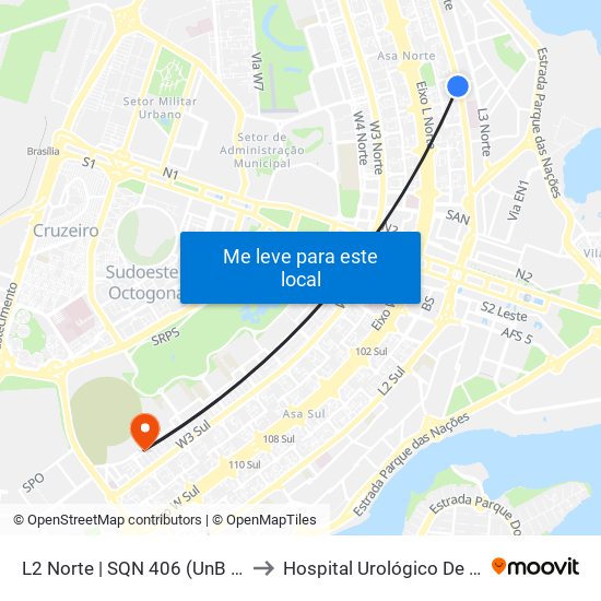 L2 Norte | Sqn 406 (Unb / Odonto Hub) to Hospital Urológico De Brasília map