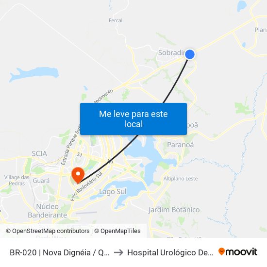 BR-020 | Nova Dignéia / Quadra 18 to Hospital Urológico De Brasília map