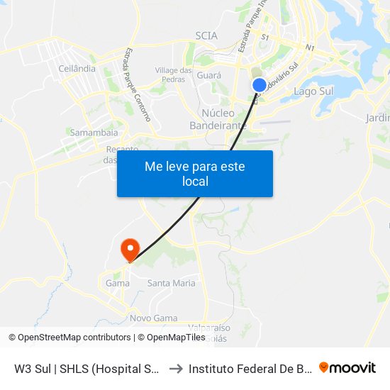 W3 Sul | SHLS (Hospital Santa Lúcia / Pão de Açúcar) to Instituto Federal De Brasília - Campus Gama map
