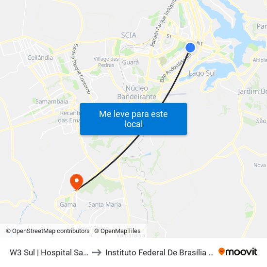 W3 Sul | Hospital Sarah / SRTVS to Instituto Federal De Brasília - Campus Gama map