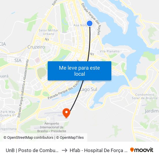 UnB | Posto de Combustíveis / Subway to Hfab - Hospital De Força Aérea De Brasília map