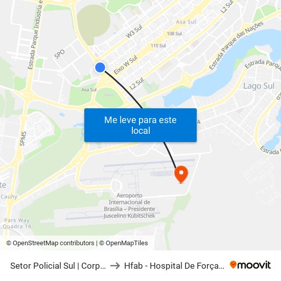 ESPM | Bombeiros to Hfab - Hospital De Força Aérea De Brasília map