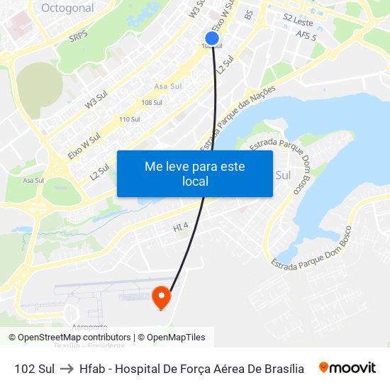 102 Sul to Hfab - Hospital De Força Aérea De Brasília map