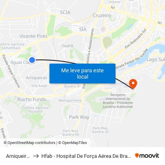 Arniqueiras to Hfab - Hospital De Força Aérea De Brasília map