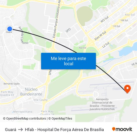 Guará to Hfab - Hospital De Força Aérea De Brasília map