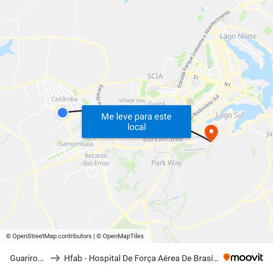 Guariroba to Hfab - Hospital De Força Aérea De Brasília map