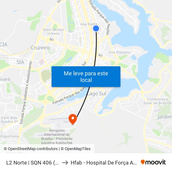 L2 Norte | Sqn 406 (Unb / Odonto Hub) to Hfab - Hospital De Força Aérea De Brasília map