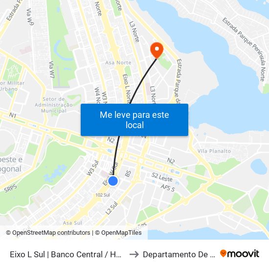 Eixo L Sul | Banco Central / Hospital de Base to Departamento De Geografia map