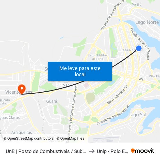 UnB | Posto de Combustíveis / Subway to Unip - Polo Ead map