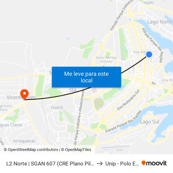 L2 Norte | SGAN 607 (CRE Plano Piloto) to Unip - Polo Ead map