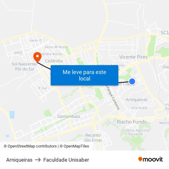 Arniqueiras to Faculdade Unisaber map