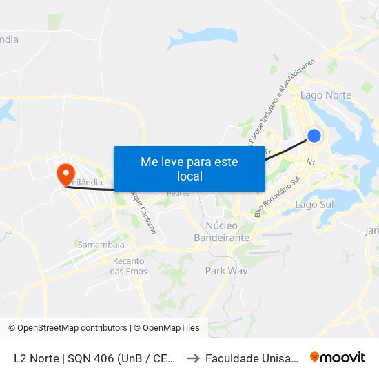 L2 Norte | SQN 406 (UnB / CEAN) to Faculdade Unisaber map