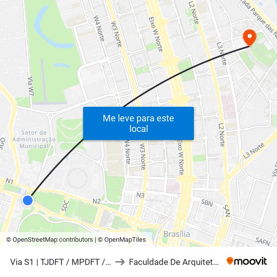 Via S1 | TJDFT / MPDFT / Palácio do Buriti to Faculdade De Arquitetura E Urbanismo map