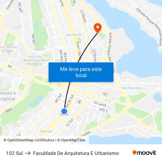 102 Sul to Faculdade De Arquitetura E Urbanismo map