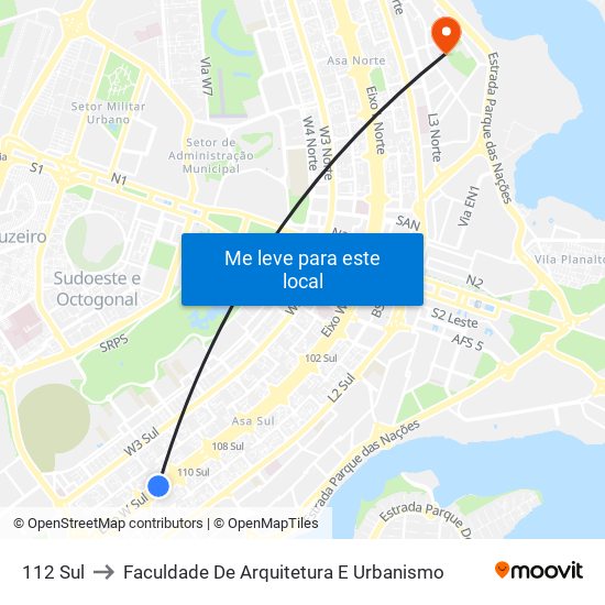 112 Sul to Faculdade De Arquitetura E Urbanismo map