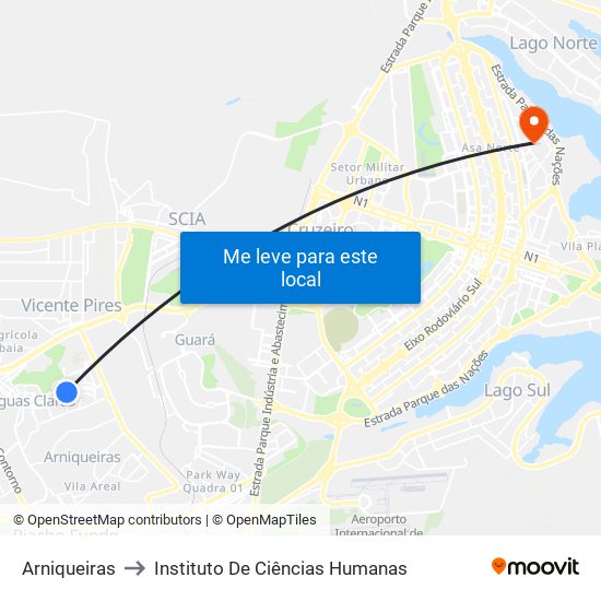 Arniqueiras to Instituto De Ciências Humanas map