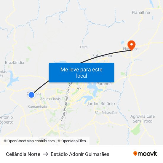 Ceilândia Norte to Estádio Adonir Guimarães map