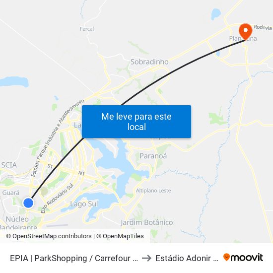 Epia Sul | Parkshopping / Carrefour / Rod. Interestadual / Assaí to Estádio Adonir Guimarães map