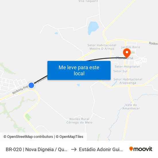 Br-020 | Nova Dignéia / Quadra 18 to Estádio Adonir Guimarães map