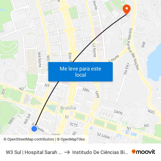 W3 Sul | Hospital Sarah / SRTVS to Institudo De Ciências Biológicas map