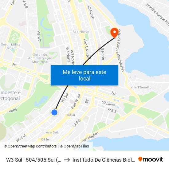 W3 Sul | 504/505 Sul (SESC) to Institudo De Ciências Biológicas map