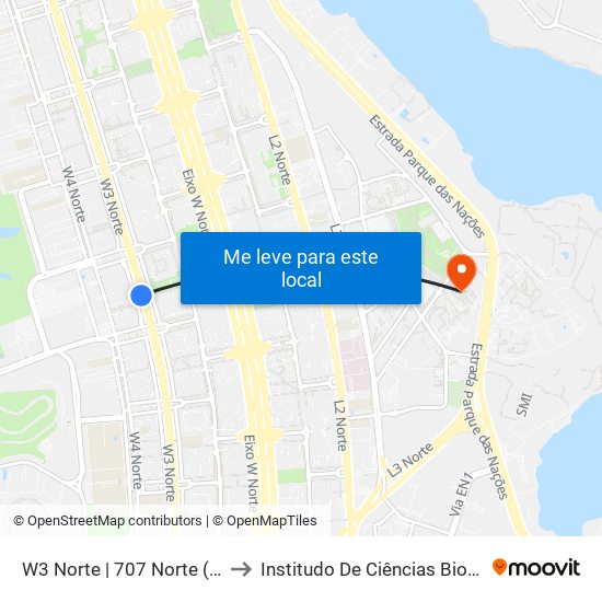 W3 Norte | 707 Norte (CEUB) to Institudo De Ciências Biológicas map