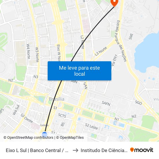 Eixo L Sul | Banco Central / Hospital De Base to Institudo De Ciências Biológicas map