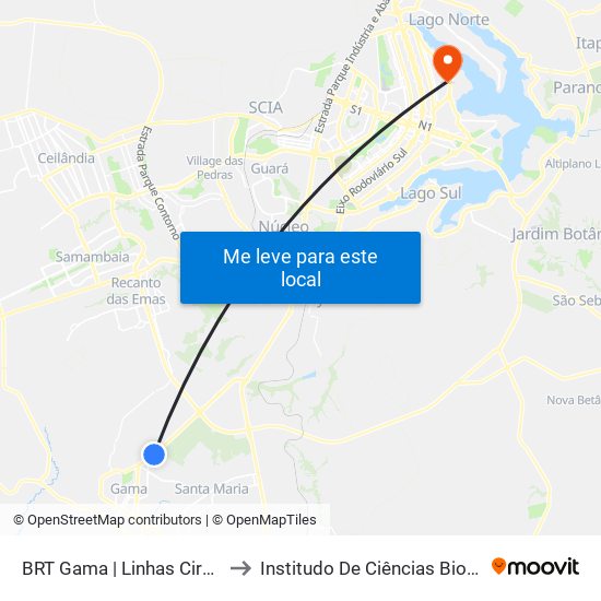 BRT Gama | Linhas Circulares to Institudo De Ciências Biológicas map