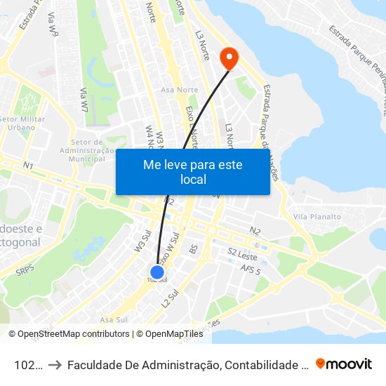 102 Sul to Faculdade De Administração, Contabilidade E Economia (Face) map