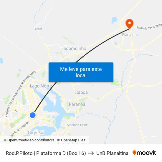 Rod.P.Piloto | Plataforma D (Box 16) to UnB Planaltina map