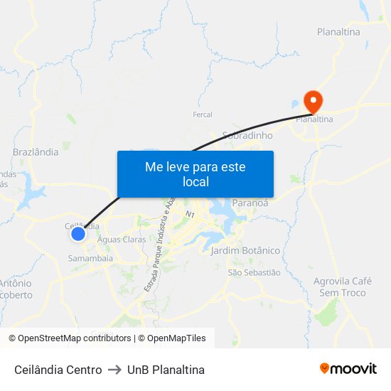 Ceilândia Centro to UnB Planaltina map