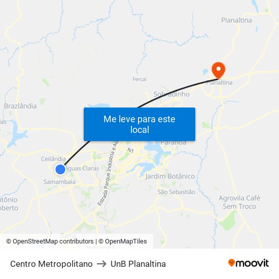 Centro Metropolitano to UnB Planaltina map