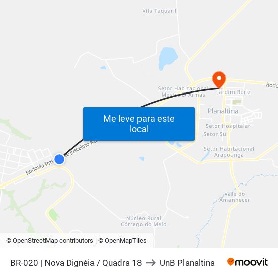 Br-020 | Nova Dignéia / Quadra 18 to UnB Planaltina map