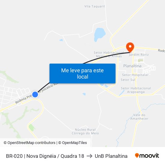 BR-020 | Nova Dignéia / Quadra 18 to UnB Planaltina map