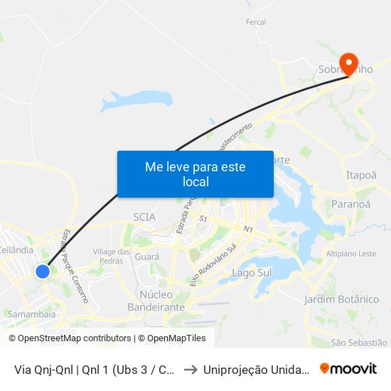 Via Qnj-Qnl | Qnl 1 (Ubs 3 / Ced 6) to Uniprojeção Unidade II map