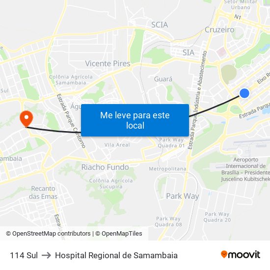 114 Sul to Hospital Regional de Samambaia map
