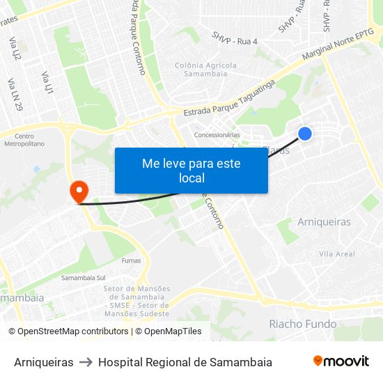 Arniqueiras to Hospital Regional de Samambaia map