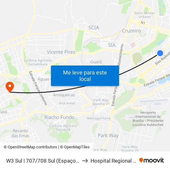 W3 Sul | 707/708 Sul (Espaço Cultural Renato Russo) to Hospital Regional de Samambaia map