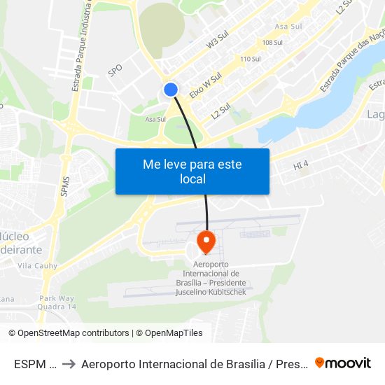 ESPM | Bombeiros to Aeroporto Internacional de Brasília / Presidente Juscelino Kubitschek (BSB) (Aeroporto Internaciona map