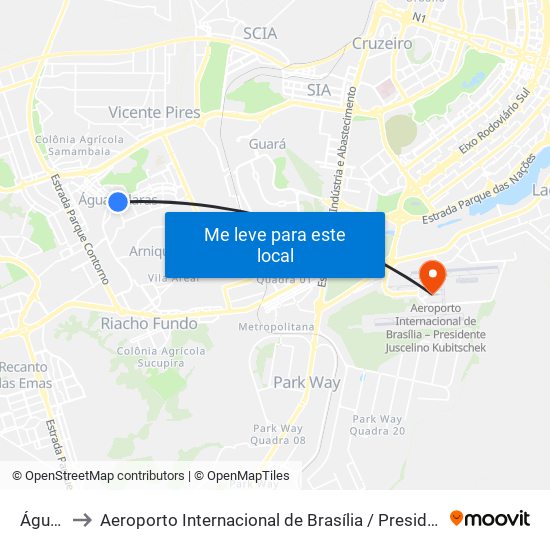 Águas Claras to Aeroporto Internacional de Brasília / Presidente Juscelino Kubitschek (BSB) (Aeroporto Internaciona map