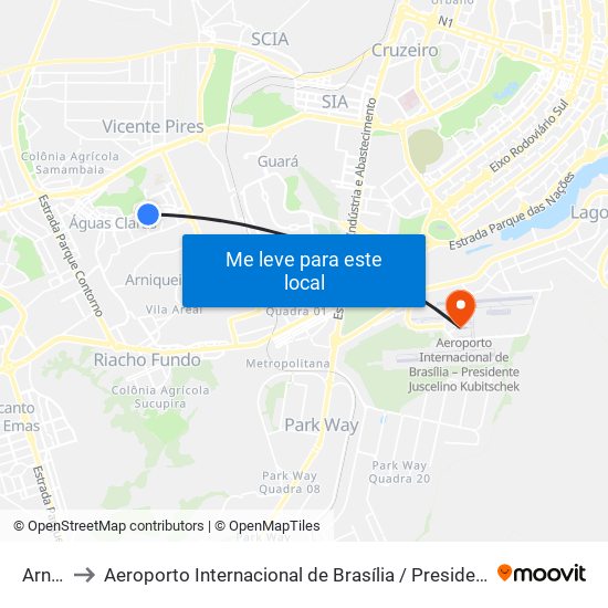 Arniqueiras to Aeroporto Internacional de Brasília / Presidente Juscelino Kubitschek (BSB) (Aeroporto Internaciona map