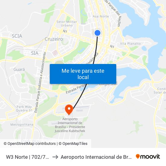 W3 Norte | 702/703 Norte (Marista / Paróquia N. Sra. Saúde) to Aeroporto Internacional de Brasília / Presidente Juscelino Kubitschek (BSB) (Aeroporto Internaciona map