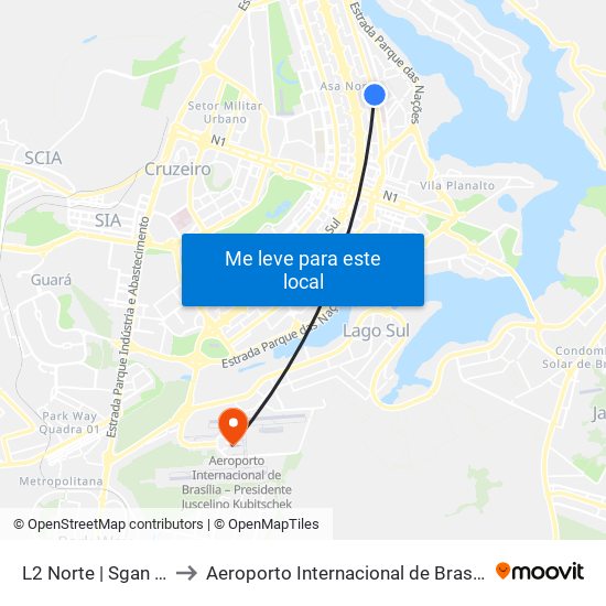 L2 Norte | SGAN 607 (CRE Plano Piloto) to Aeroporto Internacional de Brasília / Presidente Juscelino Kubitschek (BSB) (Aeroporto Internaciona map