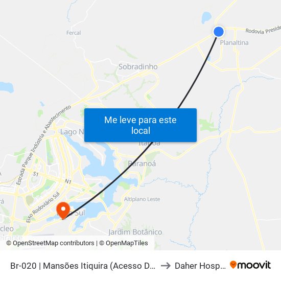 Br-020 | Mansões Itiquira (Acesso Df-128) to Daher Hospital map