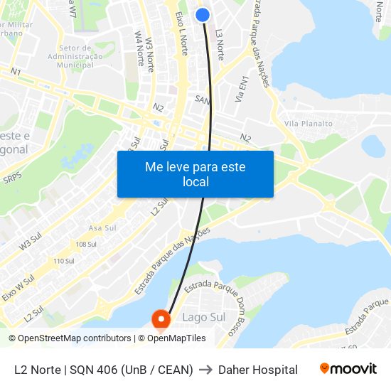 L2 Norte | SQN 406 (UnB / CEAN) to Daher Hospital map