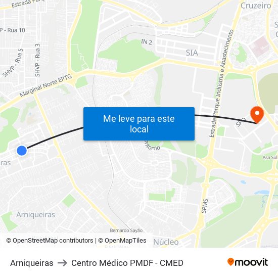 Arniqueiras to Centro Médico PMDF - CMED map