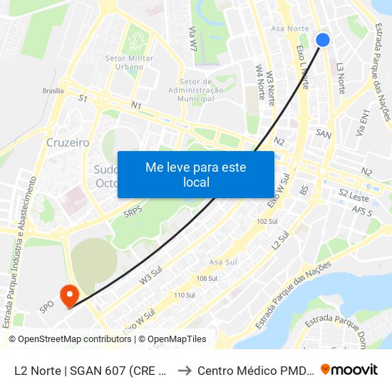 L2 Norte | SGAN 607 (CRE Plano Piloto) to Centro Médico PMDF - CMED map