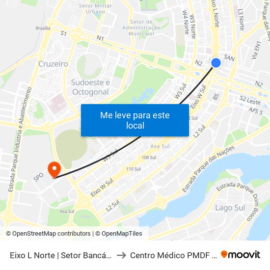 Eixo L Norte | Setor Bancário Norte to Centro Médico PMDF - CMED map